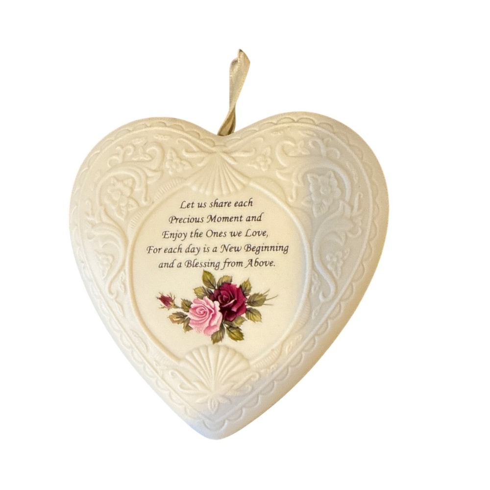 Vintage 1995 Heart Ceramic Hanging Wall Plaque Rose Floral Inspirational Poem